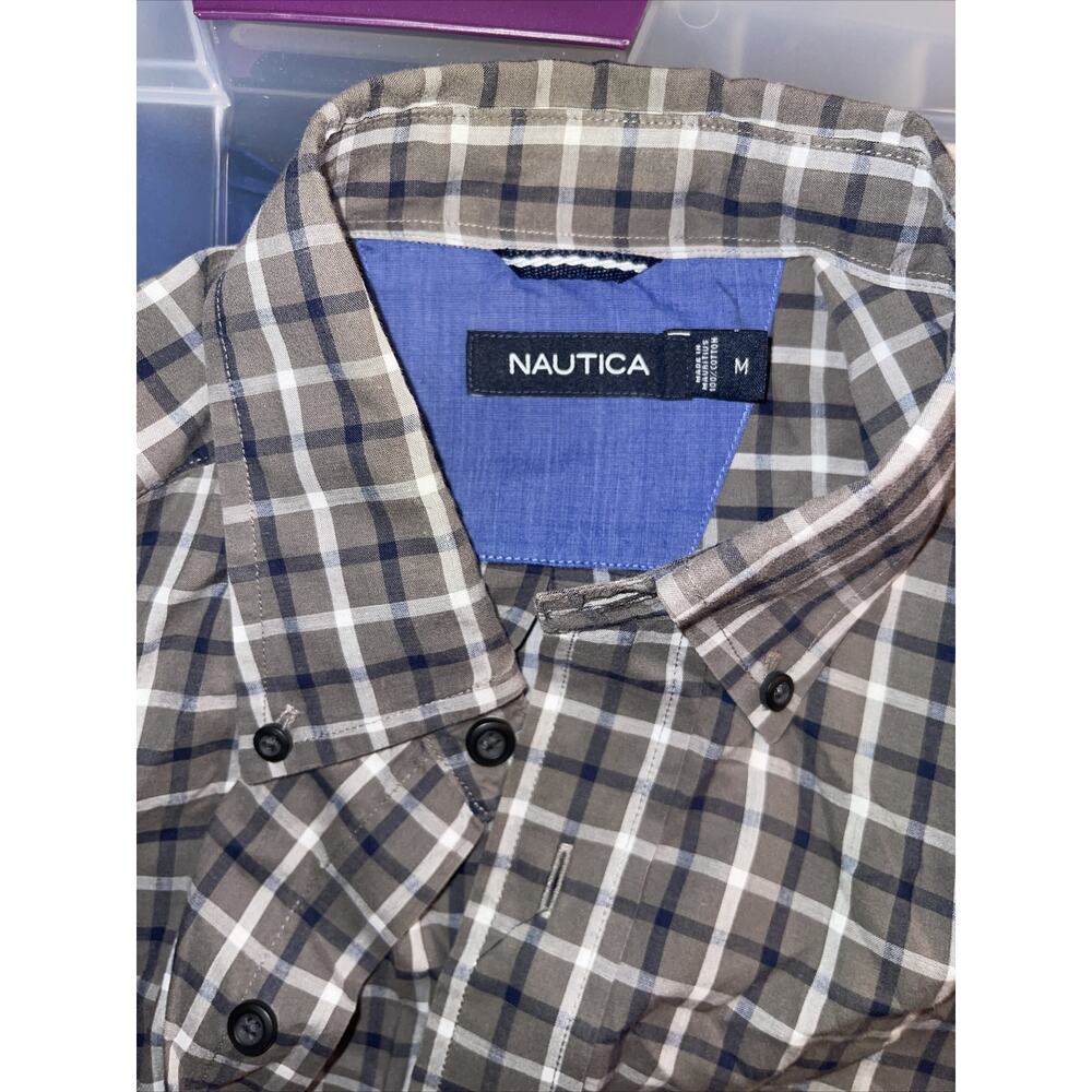 Nautica Men's Medium Orange Blue Plaid Long Sleeve Cotton Button Front Shirt - Picture 2 of 3